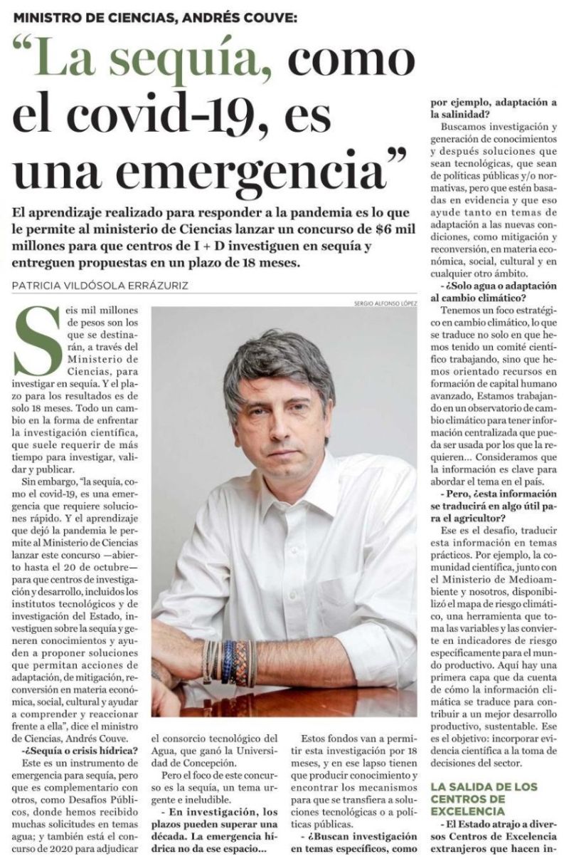 Lee más sobre el artículo Ministro de Ciencias, Andrés Couve: »La sequía, como el covid-19, es una emergencia»